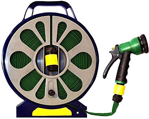 Ram® 15M Lightweight Flat Garden Hose Pipe & Reel with Spray Nozzle 15m – Compact Hose Pipe Reel - Outdoor Mini Hose Gun with Adjustable Spray Gun - Hosepipe & Reel Easy Storage for Garden