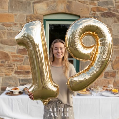 Image of AULE 40 Inch Large 19 Balloon Numbers Light Gold, Big Foil Number Balloons, Giant Helium 91 Happy Birthday Party Decorations for Man and Women, Huge Mylar Anniversary Party Supplies