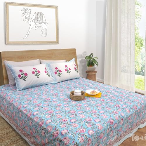 Image of TOAI Hand Block Printed Bedsheet | Bed Spread Flatsheet Bed Sheet | Pure Cotton | Queen Size 90 inchx108 inch | 210 TC Luxury Cotton | 2 Reversible Pillow Covers |Pink Florals on Blue