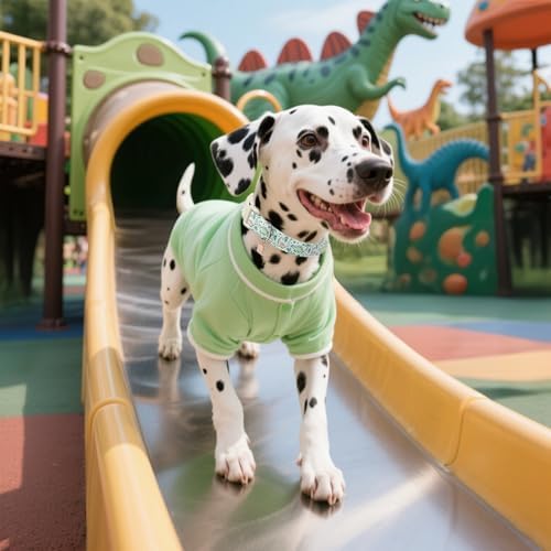 Maca Bates Spring Green Cute Dinosaur Basic Dog Collar for Small Boy Girl Dogs,Durable Soft Adjustable Collars Gift for Male Female Puppy Pet with Safety White Buckle - 2