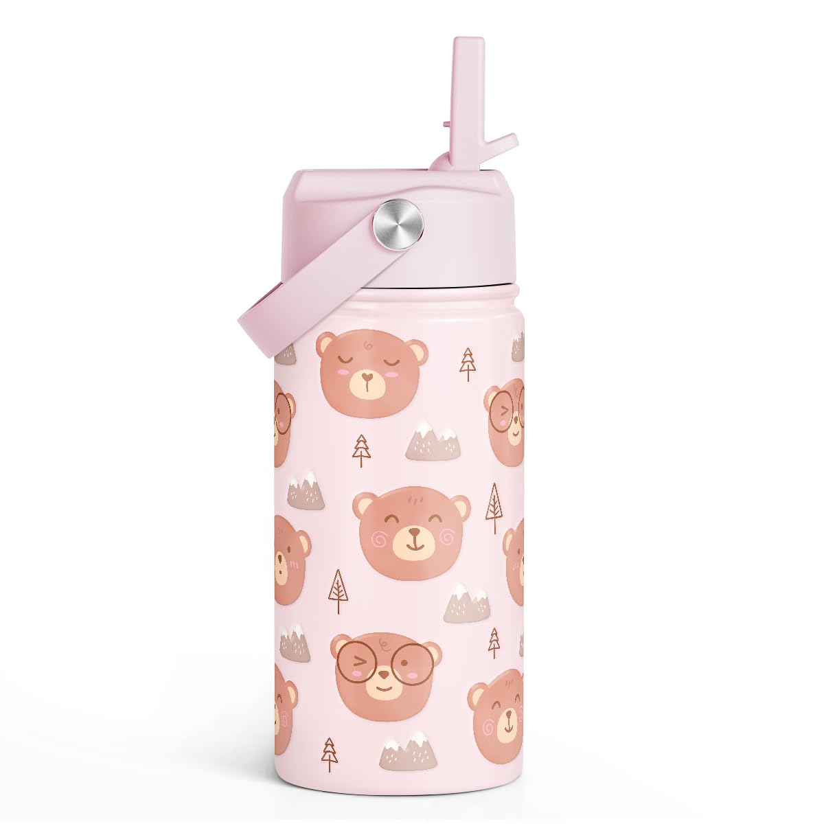 Bear Kids Water Bottle With Straw Lid 12oz Insulated Stainless Steel, Travel Tumbler, Bear Gifts For Boys Girls, Birthday, Christmas, Back To School