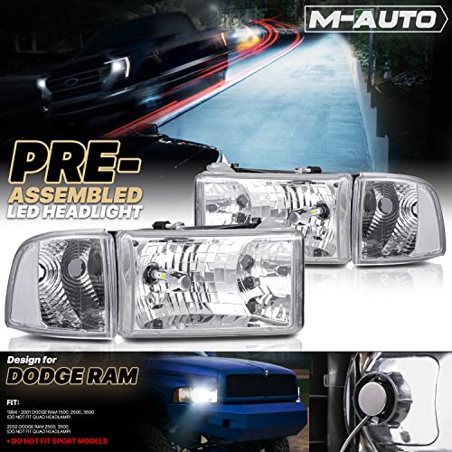 M-Auto Oe Style Headlights Assembly W/2 Pre-Assembled 6000K Led Bulbs Replacement For 94-01 Dodge Ram 1500 Truck/94-02 Ram 2500 3500 2/4-Door, Chrome Housing Clear Corner Head Lights Passenger&Driver #TOP1