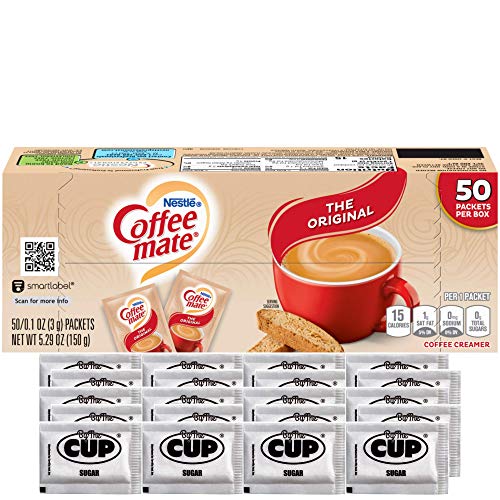 Coffee Mate - Original 3 Gram Single Serve Powdered Creamer Packets 50 Count Box (Pack of 1) - with Exclusive By The Cup Sugar Packets