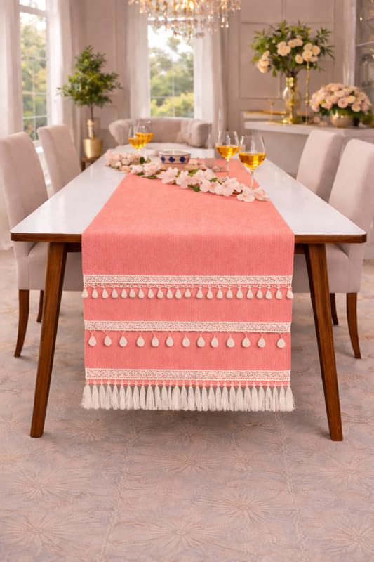 WWW.THROWPILLOW.IN Peach Table Runner with Tassels & Kowri 13x108 Inch |Fits 8 Feet TV Unit Cabinet, Center Table, Coffee Table, Dining Table, Entry Console|Living Room Diwali Decor 3