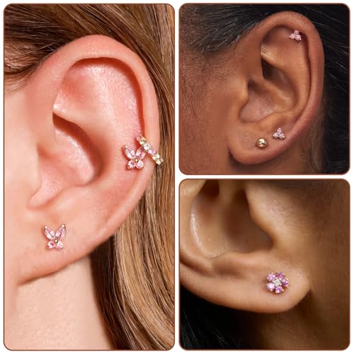 20G Gold Studs Earrings for Women,14K Gold Plated Hypoallergenic Butterfly Earrings for Girls,4 Pairs Flower/Butterfly/Cubic Zirconia Cute Earring and Trendy Huggie Hoop Dainty Multipack Earring Sets2