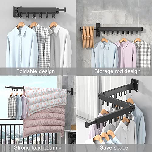 Hggzeg Tendedero de Ropa montado en la Pared, Estante retráctil con Ganchos, Giratorio de 360°, Triple, Plegable, para balcón, lavandería, baño (Negro) - imagen 6