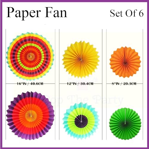 Image of Pop the Party 6Pcs Vibrant Bright Colors Hanging Paper Fans Circular Folded Paper Fan Flower Party Supplies Wedding Background Decoration Window Dressing.