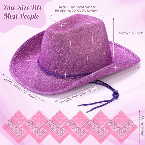 Image of Coume 12 Pcs Sparkly Adults Cowboy Hat and Bandanas Women Men Western Glitter Cowgirl Party Hats with Adjustable Drawstring
