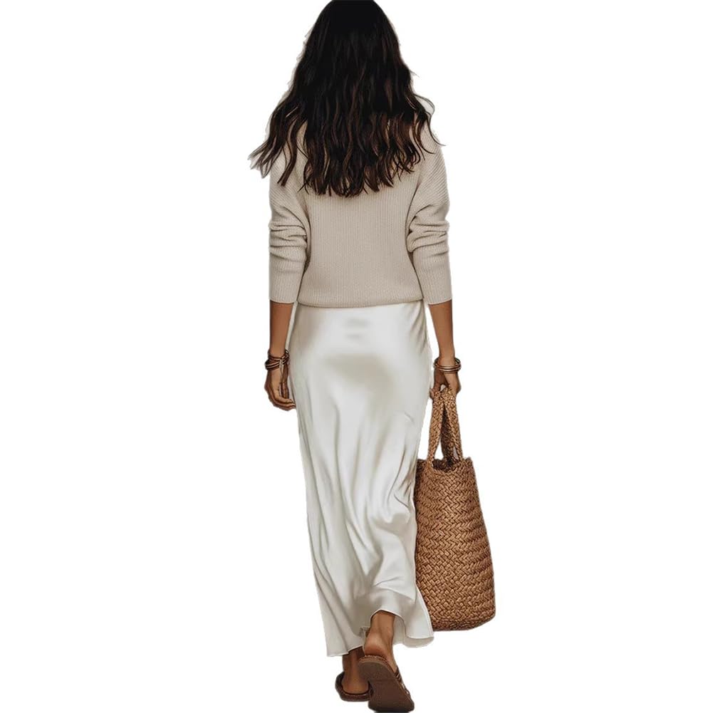 Générique Ensembles D'été 2 Pièces Pour Femmes : Hauts En Maille À Col En V Et Robes Maxi En Satin, Parfaits Pour Les Invitées De Mariage Et Les Soirées