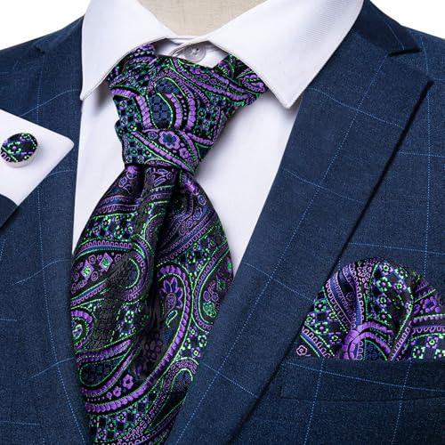 Image of DiBanGu 3PCS Ascot Ties for Men Wedding Jacquard Woven Silk Ascot Cravat for Men Cravat Tie and Pocket Square Set