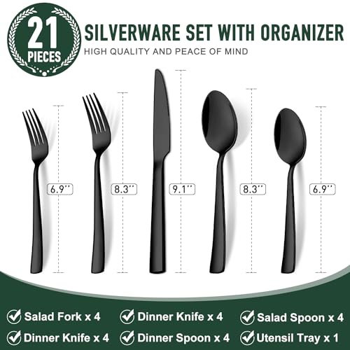 Image of 21-Piece Modern Black Silverware Set with Organizer Tray Stainless Steel Eating Utensil Sets Kitchen Knives Forks and Spoons Cutlery Set Heavy Duty Tableware Flatware Sets for 4, Dishwasher Safe