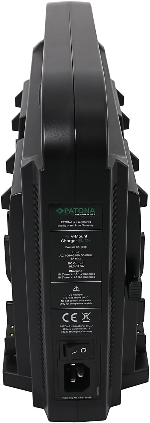 PATONA V-Mount 4-Channel Smart Charger, rear view showing AC power input and product labels.
