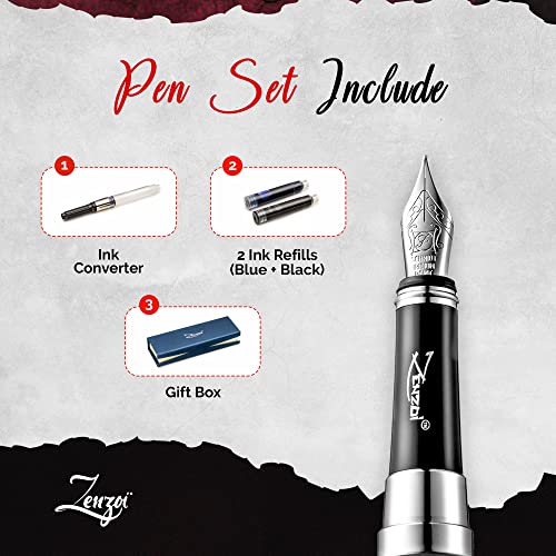 Zenzoi Black Fountain Pen Fine Nib - Beautiful Luxury Pen For Men Or Women With German Schmidt Nib, Converter, 2 Ink Refills (Blue & Black) & Pen Gift Box. Nice, Executive Pens For Smooth Writing #TOP3