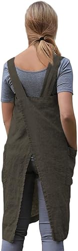 Miniatura 4 de Delantal para hornear, cocinar, jardinería, con espalda cruzada, de algodonlino para mujer, con 2 bolsillos (personalizable)