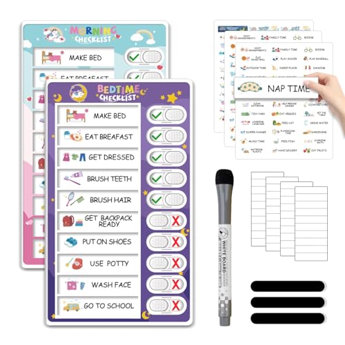 Image of Upgraded 2 in 1 Bedtime /Morning Routine Chart - Magnetic Chore Chart, Cute Visual Schedule Board, Dry Erase Checklist for Kids & Toddlers