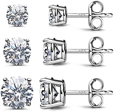 AllenCOCO CZ Stud Earrings 925 Sterling Silver 18K Gold Plated Round Cubic Zirconia Hypoallergenic Set(White Gold Flat)
