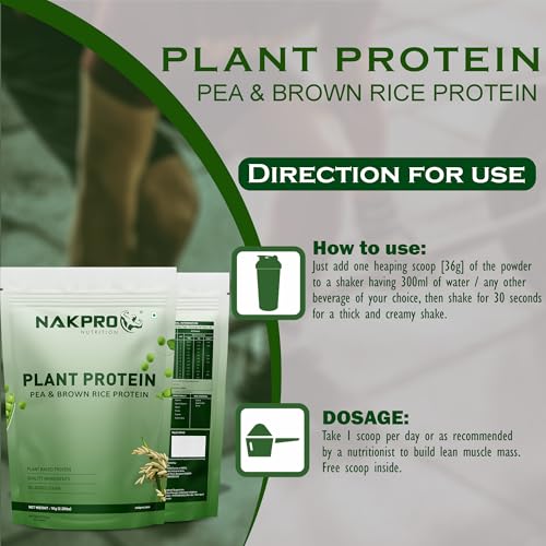 Image of NAKPRO NUTRITION Plant Protein Powder (Pea & Brown Rice Protein), Chocolate - 1kg | 25.2g Protein | All Essential Amino Acids