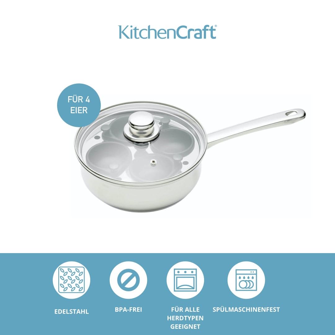 KitchenCraft Pochierpfanne, Eierpochierer, Eierpochierpfanne aus Kohlenstoffstahl, Eierpochierpfanne für 4 Eier, Antihaft- und induktionssicher, 20,5cm (11''), Silber