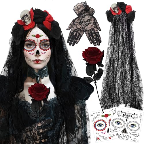 Diadema del Día De Muertos,100CM Día de Los Muertos Velo de Halloween con Rosas,Guantes,Tatuajes de Cara de Halloween,Velo del Día de Los Muertos para Disfraz de Haalloween Mujer (Negro Rojo)