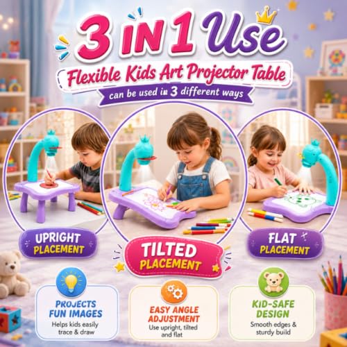 Image of GRAPHENE Purple Creative Drawing Projector Table Toy Set for Kids 24 Patterns Led Magic Doodle Board Trace Draw 12 Colorful Smart Sketch Pen Artbook Educational Fun Painting Desk Boy Girl 3+ Years