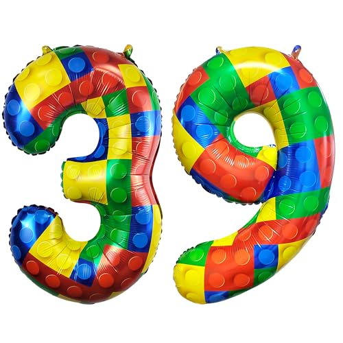 Image of 32 Inch Building Block Number 39 Balloons birthday Block Themed Large Big Helium Foil Mylar Balloon for Girls Boys Birthday Party Decoration Supplies