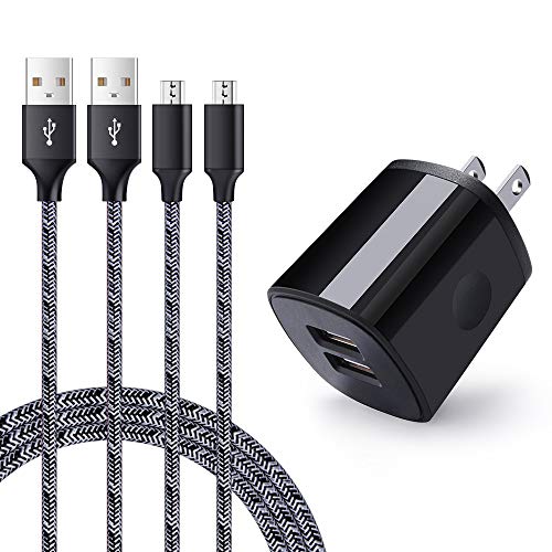 Charger Plug, Charging Block, AndHot 2.1A Dual Port USB Wall Charger Adaptive AC/DC Power Adapter with 2-Pack 6ft Micro USB Cable Android Charger Fast Charger Nylon Cord Replacement for Samsung S7 S6
