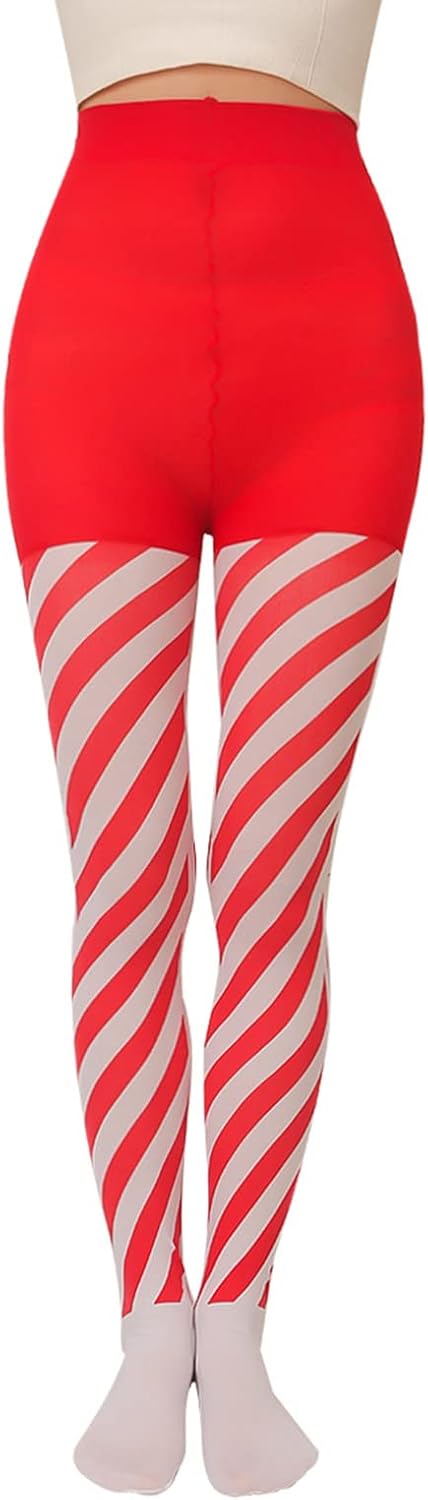Soft Warm Hosiery, Christmas Diagonal Striped Tights Candy Cane Stripe Full Length Pantyhose Thigh High Stockings Cosplay Costume Accessory