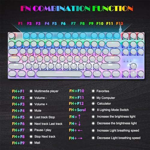 KOLMAX Typewriter Style Mechanical Gaming Keyboard,White Retro Punk Gaming Keyboard with RGB Backlit,87 Keys Blue Switch Wired Cute Keyboard,Retro Punk Round Keycaps for Game Office/Win/Mac/PC