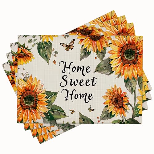 Sunflower Placemats Set of 4 Home Sweet Home Table Mats Washable Farmhouse Place Mats for Party Indoor Kitchen Dining Table Decoration 12x18 Inch