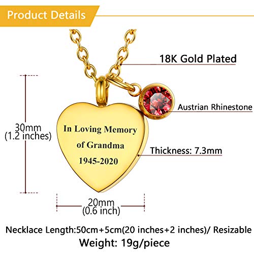 Colar com urna de coração personalizada com pedra do mês de nascimento, banhado a ouro 18K, corrente