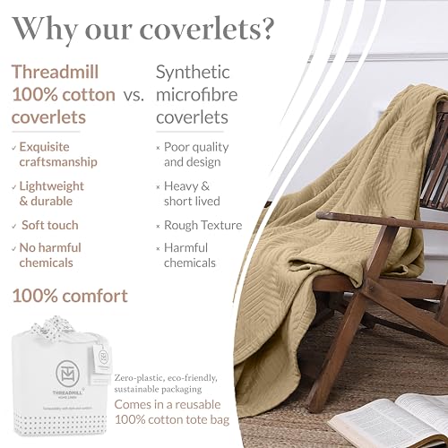Threadmill Luxury Cotton Blankets for King Size Bed | All-Season Cozy 100% Cotton Blanket | Aster Jacquard Soft & Lightweight Coverlet fits California King Size Bed, 104x92 | Beige