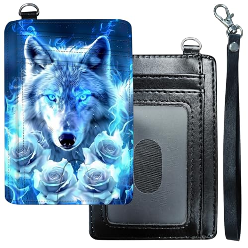 DHYYDSQZ Slim Minimalist Wallet for Men Women Small Credit Card Holder Wallet Front Pocket RFID Blocking Wallets Travel Thin Card Case with ID Window Card Organizer & Wristlet,White Wolf Roses