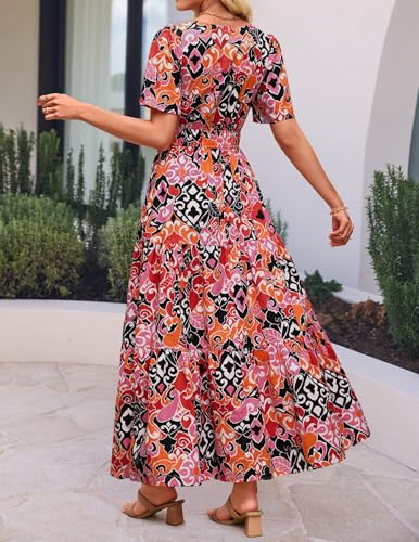 Image of ZESICA Women's 2026 Summer Spring Floral Boho Maxi Dresses Casual Short Sleeve V Neck A Line Flowy Beach Vacation Dress