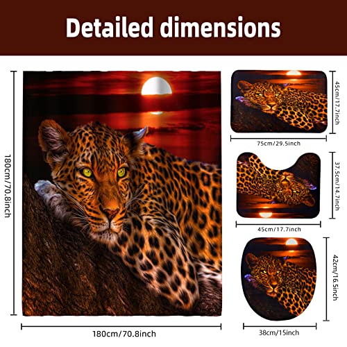 Leopard Cheetah 4Pcs Shower Curtain Set - Waterproof African Bathroom Decor Accessories (1 Animal Print Curtain & 3 Rugs) - Easy Install W/12 Grommets & Hooks, Non-Skid, Safe #TOP6