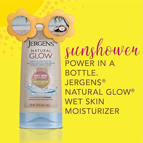Image of Jergens Natural Glow In Shower Lotion, Self Tanner for Fair to Medium Skin Tone, Sunless Tanning Wet Skin Lotion for Gradual, Flawless Color, 7.5 Ounce, Pack of 2