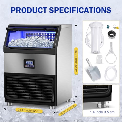 Image of Commercial Ice Maker Machine, 350Lbs /24H with 75Lbs Storage Bin, 108Pcs Ice Cubes 8Mins, Freestanding Large Ice Machine with Water Filter and Ice Scoop for Home Bar Office Restaurant