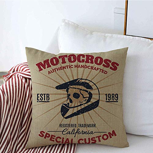 Decorative Throw Pillow Cases Vintage Shirt for Motocross Helmet Skull Varsity Printing Premium Grunge Sports Classic Recreation Linen Square Pillow Covers for Couch Sofa Bed 16x16 Inch