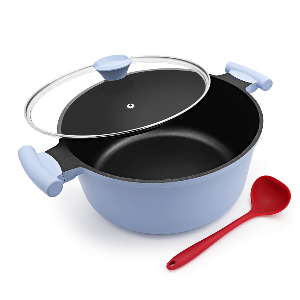 Olla de 5 L con tapa, Cacerola antiadherente para sopas de 24 cm con asa que no se calienta, ideal para pasta y sopas, sin PTFE ni PFAS, azul