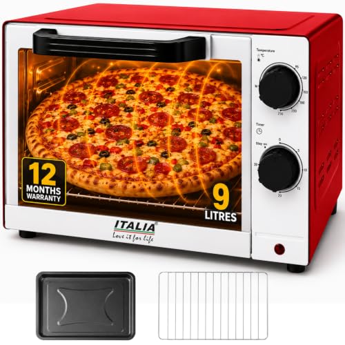 Image of ITALIA 9L Oven Toaster Griller (OTG) - 1000W Electric Oven for Baking, Toasting & Grilling | Top & Bottom Heating, 90C-230C Temp Control, 30-Min Timer with Stay-On, Fits 9-Inch Pizza | Signature Red