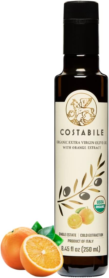Costabile Orange Infused Olive Oil, Extra Virgin Organic from Italy. Polyphenol rich olive oil flavored with natural Italian orange. For salads, baking and cooking healthy keto friendly food 8.45Fl.Oz
