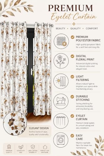 Image of Floral Printed Window Curtains for Living Room & Bedroom, Premium Polyester Eyelet Window Parde, Light Filtering & Privacy Curtains for Home, 6 Feet Long, Coffee & White, Set of 2