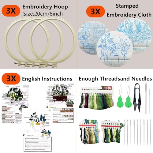 Image of Allazone 3 Sets Embroidery Kit for Beginners, Stitch Practice Kits for Craft Lover Hand Stitch with Embroidery Fabric with Stamped Pattern, Starter Stitch Kits Suitable for Adults (Plate Planting)