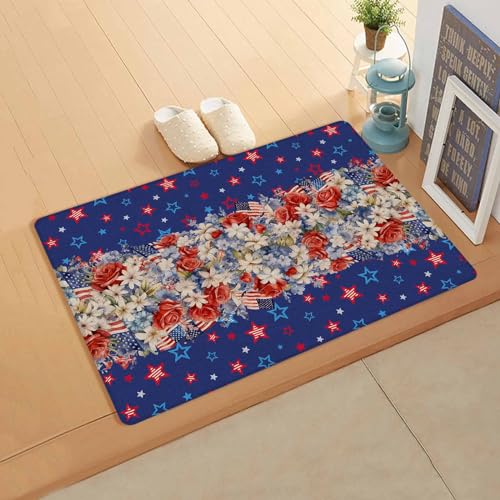 Independence Day Antifatigue Kitchen Bath Door Mat Cushioned Runner Rug,Washable Welcome Floor Sink Mat,Waterproof Non-Slip Kitchen Standing Doormat,4th of July Red Blue Star Botanical Floral 20
