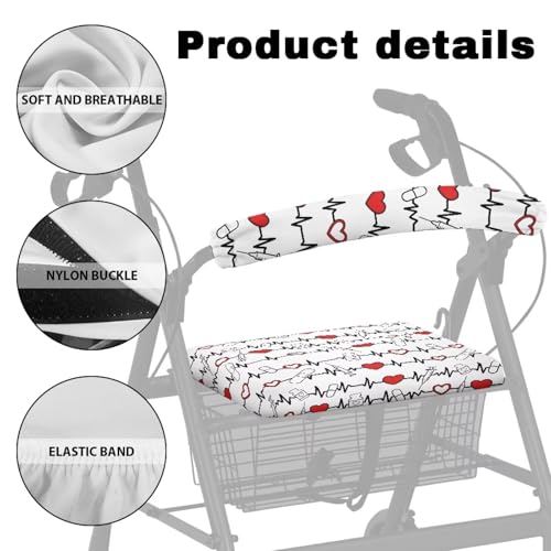 Image of Heartbeat Love Rollator Walker Seat and Backrest Covers Universal Walkers Seat Covers Soft Adjustable Accessories for Rollator Walkers for Seniors Women Men