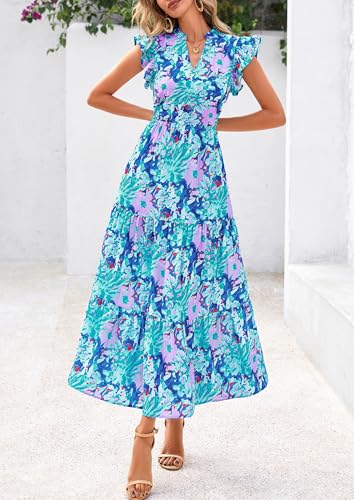 Image of PRETTYGARDEN Women's 2026 Summer Floral Midi Dress Cap Sleeve V Neck Ruffle Long Flowy Boho Casual Beach Vacation Dresses