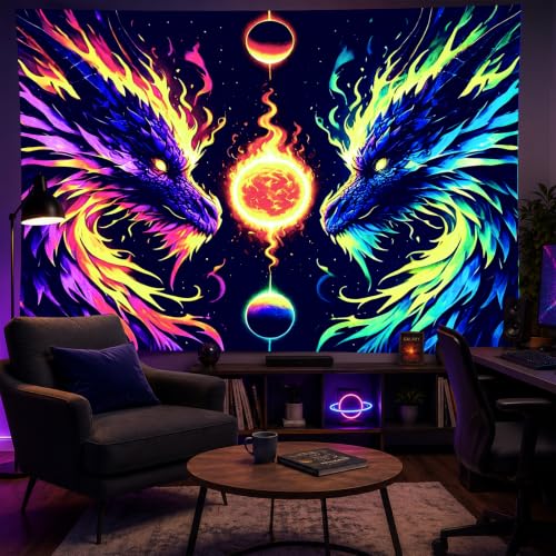 Image of BlissYard Dragon Tapestry Blacklight Tapestry 78x59 Inch UV Wall Hanging | Tapestry for Bedroom with Neon Twin Dragon Artwork for Fantasy Bedroom Dorm and Gaming Room Decor