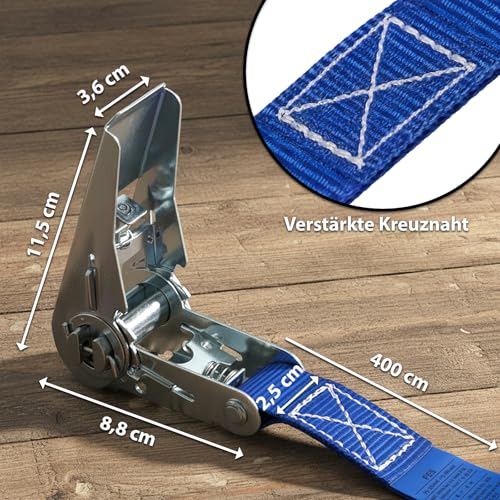 Spanngurt mit Ratsche 4er Set | TÜV geprüft | 4 m oder 6 m | 25 mm breit | Ratschengurt Ratschenspanngurt Zurrgurt belastbar bis 800 kg - 4er Pack 2.5 cm x 4 m