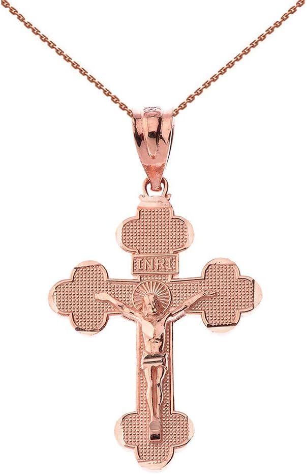 Certified 14k Rose Gold Budded Cross Charm INRI Crucifix Pendant Necklace Sizes (S-L)