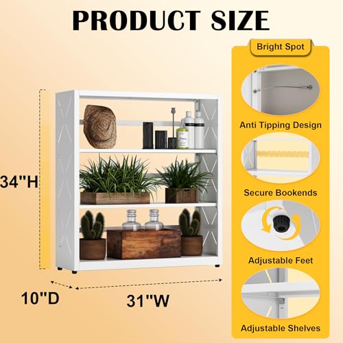 SteeLoong 3 Tier Bookcase,Industrial Bookshelf,34\" White Metal Wide Bookshelf with Adjustable Feet and Adjustable Shelves,Home Office Bookcase Shelf Storage Organizer for Living Room、Kitchen - Thumbnail 3