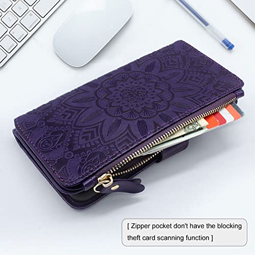 Harryshell [10 Card Slots Holder] [Block Theft Card Scanning] Function,Pu Leather Flip Wallet Case Cover Zipper Pocket Wrist Strap Kickstand Compatible With Google Pixel 6 Pro (2021) (Flower Purple) #TOP3